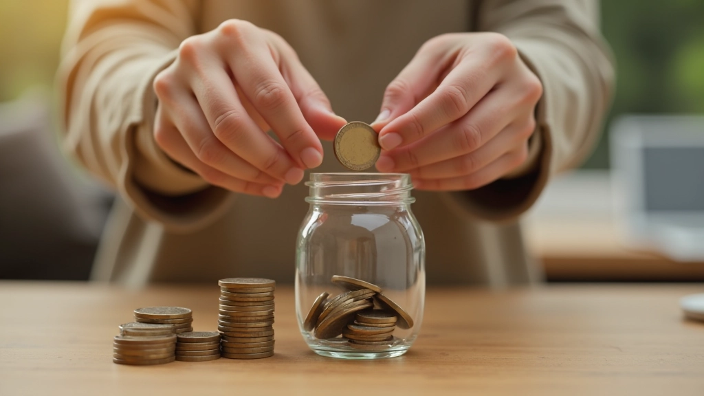 Hands placing coins into clear glass savings jar with coins stacked beside it on wooden table