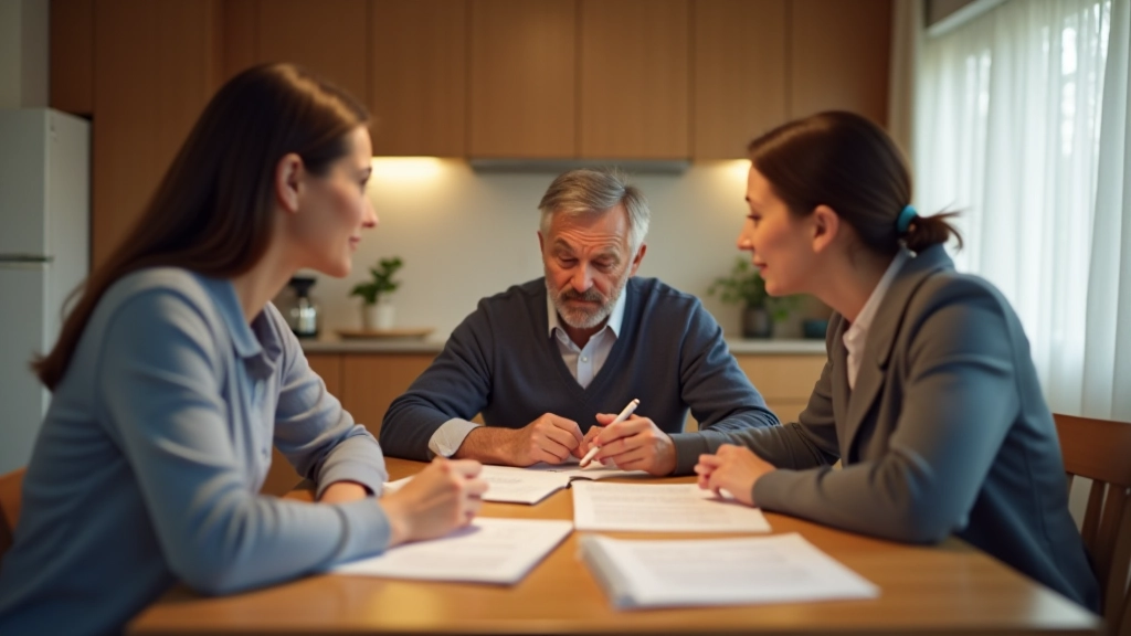 Family having discussion at kitchen table with financial documents and planning notebook spread out