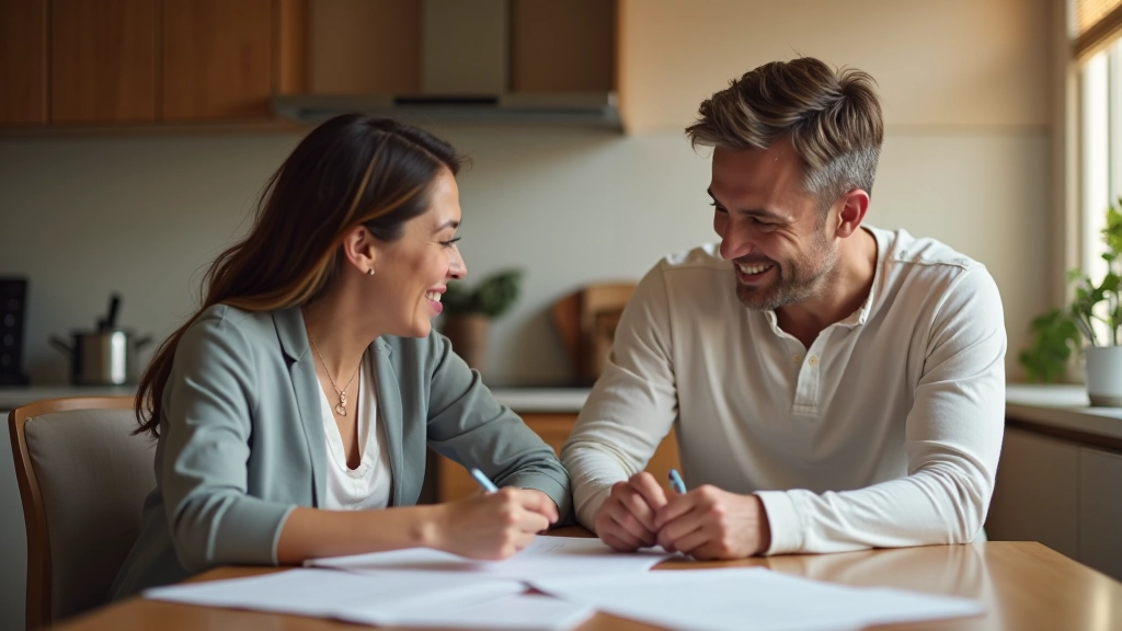Diverse family of four sitting at kitchen table discussing household budget and savings plan