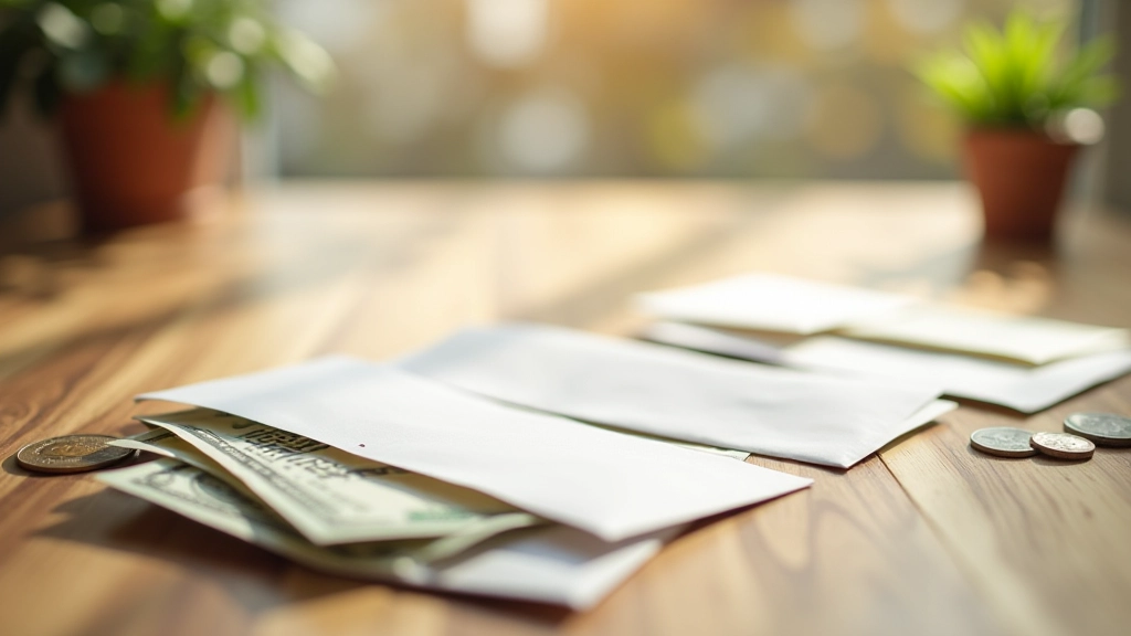 Cash envelope system with labeled envelopes for different savings categories on kitchen counter